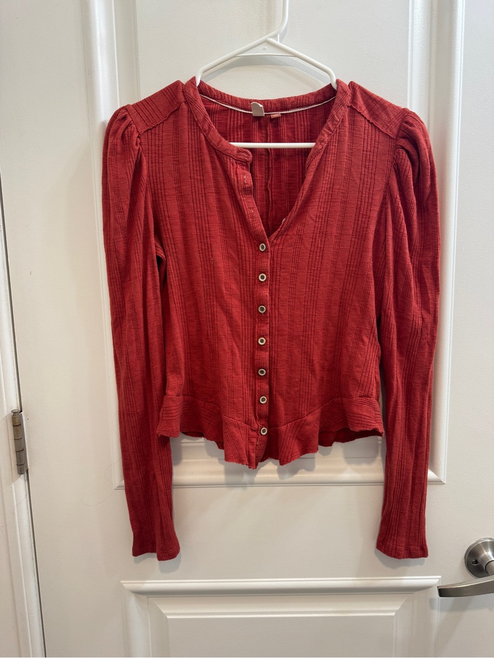 Anthropologie Pilcro Women's Red Button-Front Ribbed Long-Sleeve Top
